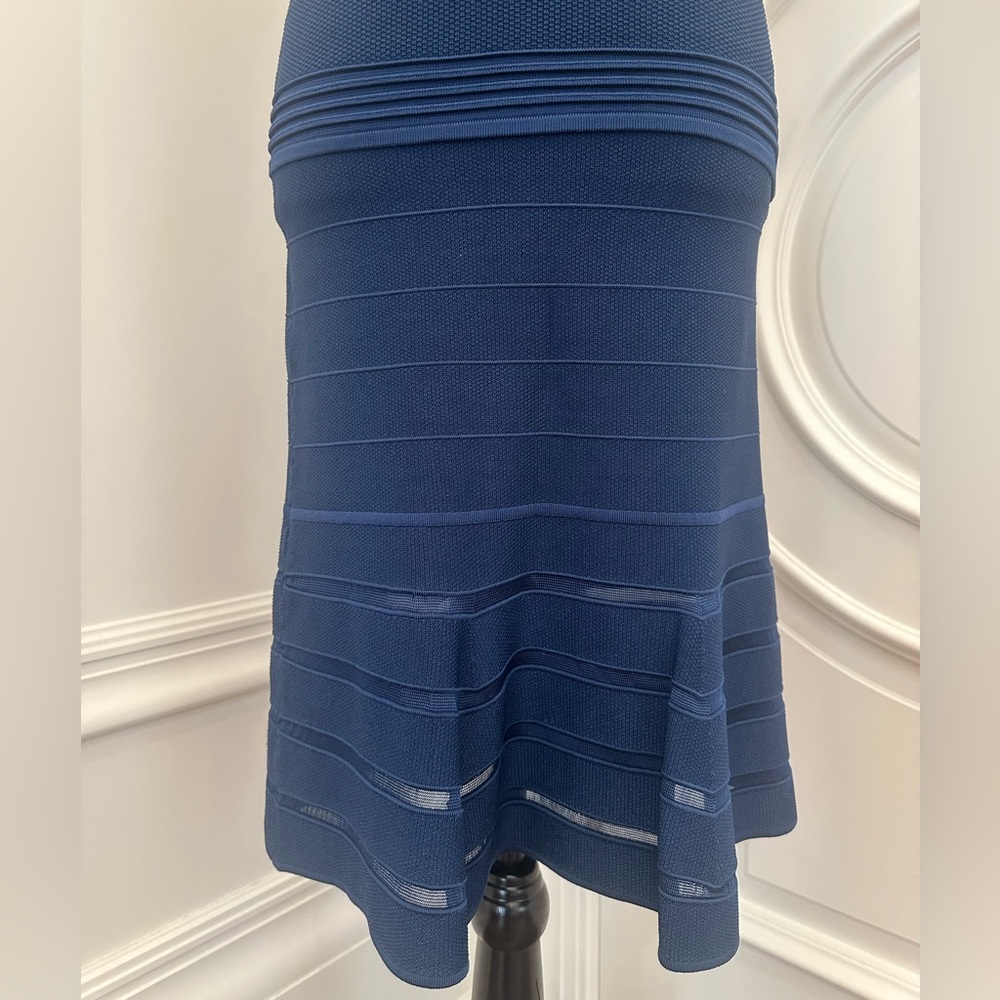 Sandro Midnight Blue Co-Ord Set- Ruffle Shirt Knee Length Fit Flare Skirt- Large - Picture 4 of 9